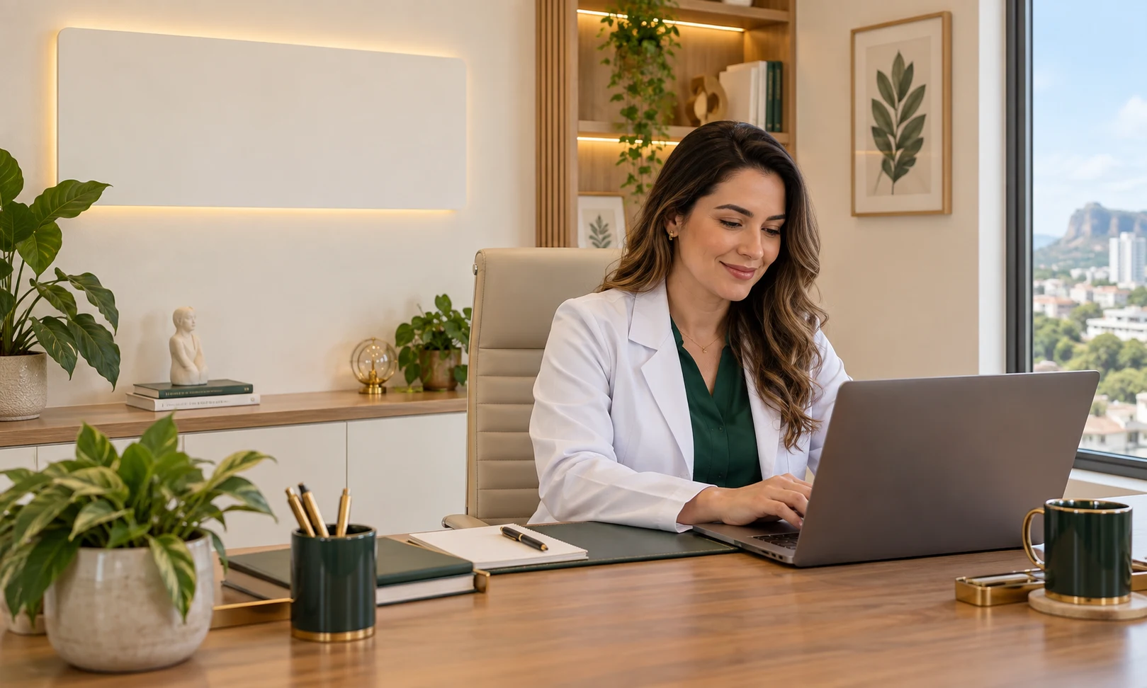 Profissional de saúde utilizando a plataforma DoctorCG em seu consultório